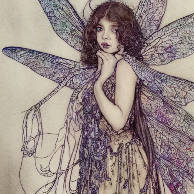 Prompt: a detailed, intricate watercolor and ink portrait illustration with fine lines of young 1 4 year old scarlett johannson as a fairy with dragonfly wings from her shoulders in a dress, by arthur rackham and edmund dulac and lisbeth zwerger