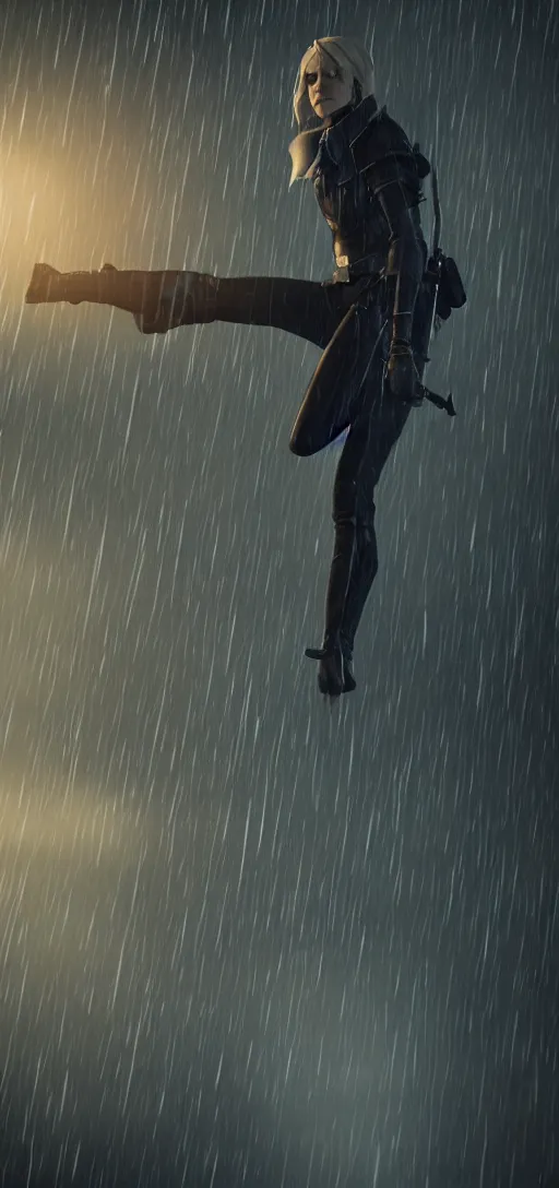 Image similar to distant shot of annie leonhart in dunwall city, mid air shot, redshift render, beautiful face, detailed face, cinematic lighting, rainy weather, melancholy atmosphere, volumetric light, octane render, dishonored 1, gothic architecture, realistic reflections, octane render 8 k, action shot