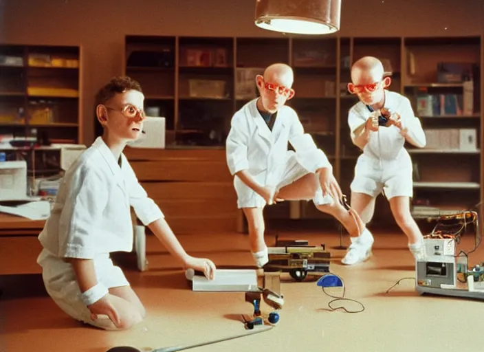 Image similar to realistic photo of a three young scientists wearing white shorts, cone heads, casting a levitating thunderbolt, in a spacious living room sci - fi laboratory with many wooden gadgets made of wood interior is made of wood 1 9 9 0, life magazine reportage photo, natural colors