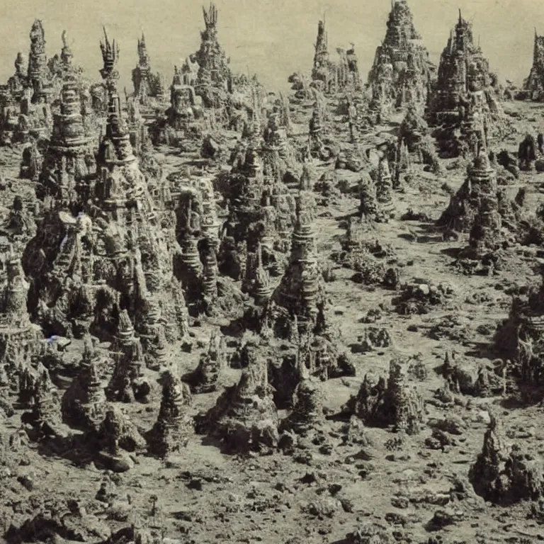 Image similar to old vintage photo of surreal spiky alien temple on exoplanet