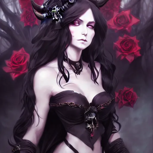 Image similar to beautifully dressed dark sorceress surrounded by black roses horns and skulls, cushart krenz, very detailed, realistic face, detailed face, matte, tonemapping, bbwchan, perfection, 4 k, cushart krenz