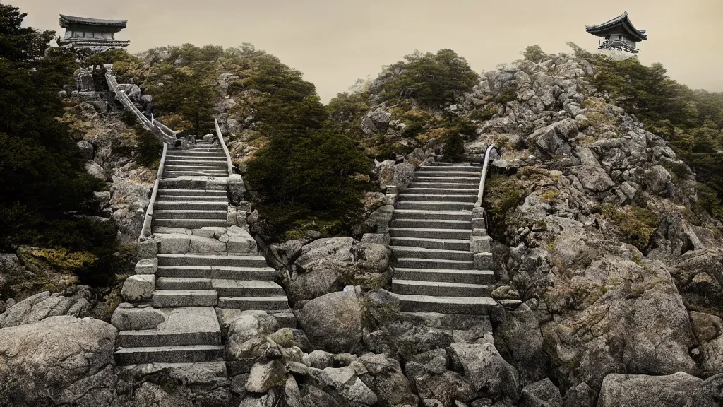 Prompt: a shinto gate atop a stone stairway on a mountain, photography by michal karcz and zhang kechun