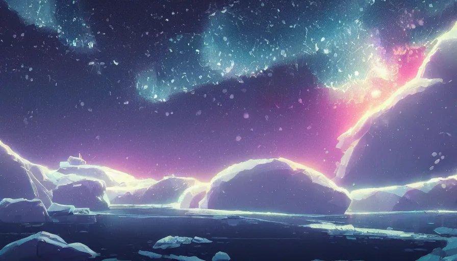 Image similar to A highly detailed digital art painting of icebergs near the tundra at night, shimmering starry nebula sky by Studio Ghibli, Makoto Shinkai, (((Makoto Shinkai))) by Artgerm, by beeple, volumetric lighting, octane render, 4K resolution, trending on artstation, masterpiece, vivid colours