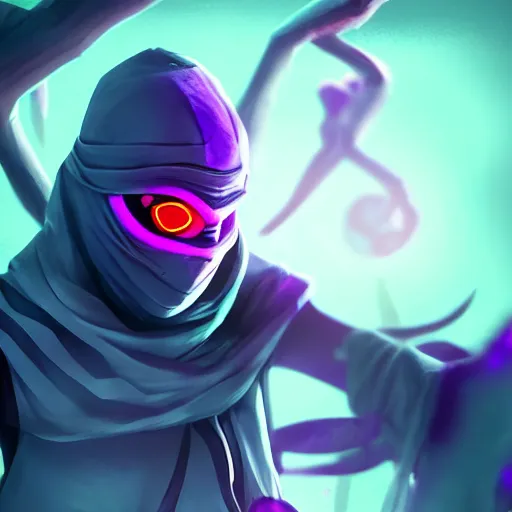 Prompt: ninja surrounded by purple aura, glowing red eyes, full body shot, menacing, stylized, octane render, artstation, digital art, digital painting, devian art