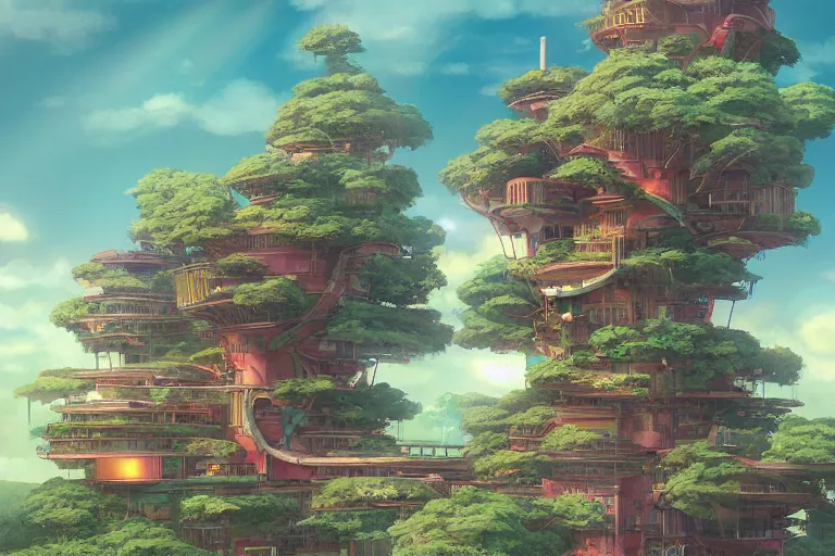 Image similar to solarpunk kowloont by frank lloyd wright, still from studio ghibli anime movie, cyberpunk tree house, digital art, artgerm, trending on artstation