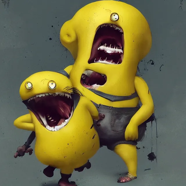 Image similar to a terrifying yellow minion shrieking and gnashing its teeth, digital art by greg rutkowski