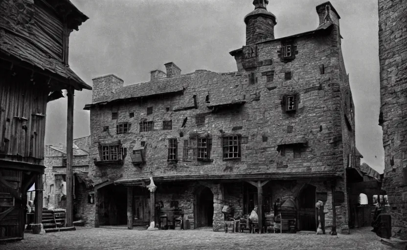 Prompt: Exterior shot of a medieval tavern with dark cinematic and atmospheric lighting by stanley kubrick, shot by 35mm film color photography