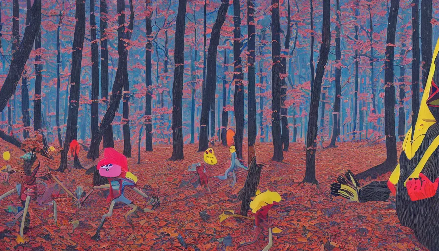 Image similar to safety cones scattered around an oak tree forest, man in muppet sasquatch sri lankan mask costume dancing in the distance, by james jean by ilya kuvshinov kintsugi, by wayne white, hyper detailed surrealist painting