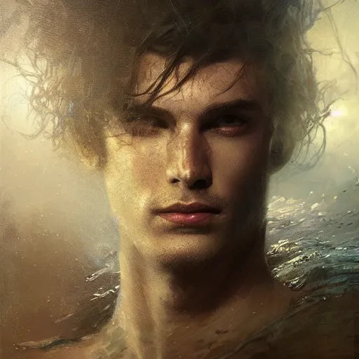 Image similar to handsome portrait of a young guy fitness posing, war hero, dreamy, radiant light, caustics, reflective water, by gaston bussiere, bayard wu, greg rutkowski, giger, maxim verehin