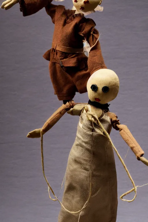 Image similar to a puppet held by string, alone stage, steampunk, sad vibe, steampunk, ballet, 8 k, detailed, ambient lighting, vintage, dark fantasy