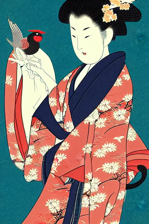 Image similar to a woman in a kimono is holding a bird, a storybook illustration by Yuumei, tumblr contest winner, ukiyo-e, tarot card, storybook illustration, digital illustration