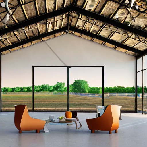 Image similar to interior view of modern futuristic farm barn architecture and interior design, lounge chairs, sofas, cows, chickens, pigs, wall art, detailed luminescent oil painting 4 k