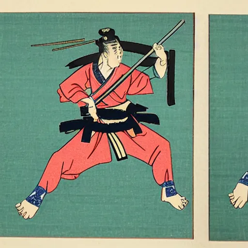 Prompt: ukiyo-e print block of Obama samurai wielding a katana