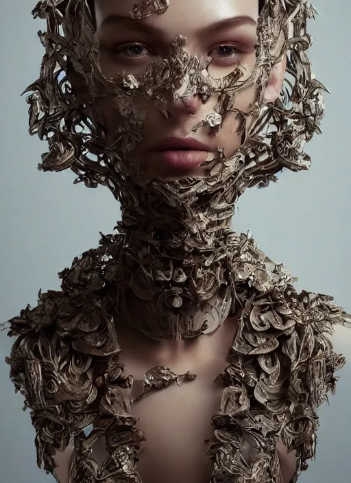 Image similar to sculpture made of wood, portrait, female, future, harper's bazaar, vogue, magazine, intricate, cinematic lighting, concept art, close up, ornate, luxury, elite, elegant, trending on artstation, by ruan jia, by Kenneth Willardt, by ross tran, by WLOP, by Andrei Riabovitchev,