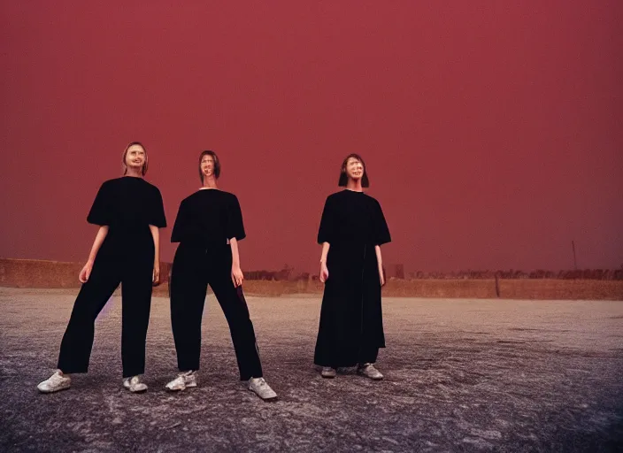 Prompt: cinestill 5 0 d closeup photographic portrait of two clones in front of a brutalist metal building, techwear women, on a desolate plain, red sky, black oversized clothes, depth of field, 4 k, 8 k, hd, full color