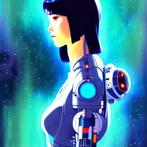 Image similar to side portrait scifi cyborg girl with robotic parts and spacesuit | | head only in center of image, audrey plaza, fine detail!! anime!! realistic shaded lighting!! poster by ilya kuvshinov katsuhiro otomo ghost - in - the - shell, magali villeneuve, artgerm, jeremy lipkin and michael garmash and rob rey