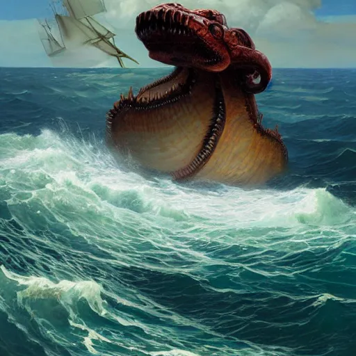 Prompt: an enormous eldritch sea monster peaking it's gigantic head out of the ocean in front of a tiny lifeboat with two children. detailed. photo realistic. john charles dollman. rhads. tianhua xu.