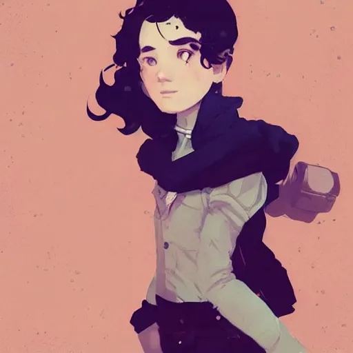 Image similar to Highly detailed portrait of a dieselpunk young lady with, freckles and wavy hair by Atey Ghailan, by Loish, by Bryan Lee O'Malley, by Cliff Chiang, by Greg Rutkowski, inspired by image comics, inspired by graphic novel cover art, inspired by nier!! Gradient color scheme ((grafitti tag brick wall background)), trending on artstation