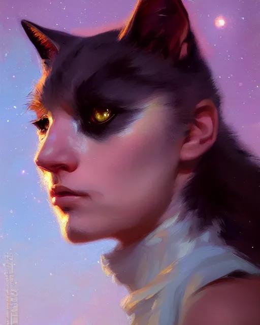 Image similar to a potrait of a space fanstasy cat, fine details. night setting. realistic shaded lighting poster by ilya kuvshinov katsuhiro, artgerm, jeremy lipkin and michael garmash, unreal engine, radiant light, detailed and intricate environment, digital art, trending on art station