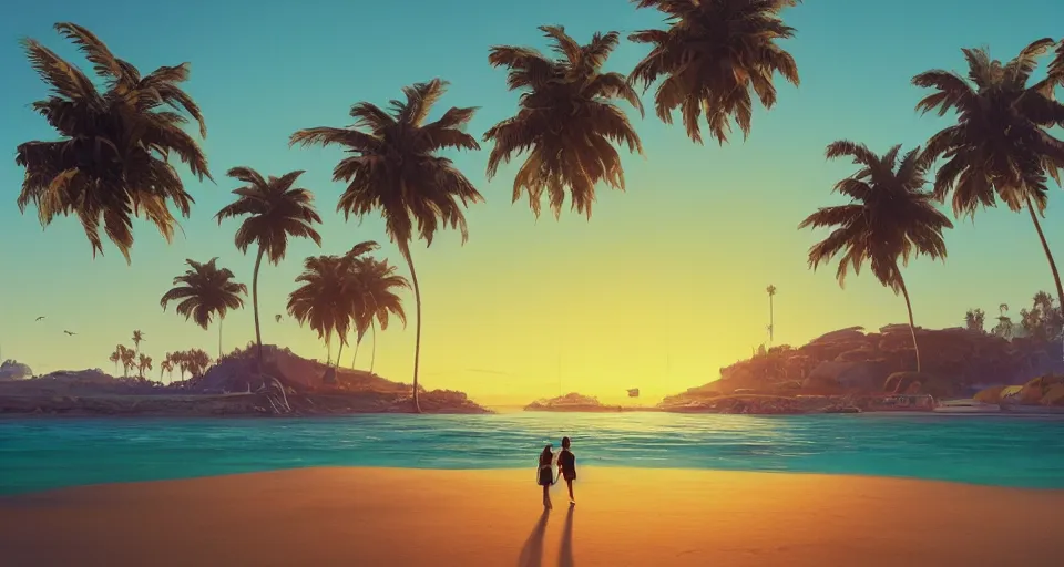 Image similar to Californian beach landscape with palmtrees and a sunset, large sunset, cinematic, synthwave style, rendered by simon stålenhag, rendered by Beeple, Makoto Shinkai, syd meade, environment concept, digital art, unreal engine, 3 point perspective, WLOP, trending on artstation, low level, 4K UHD image, octane render,