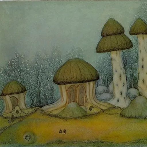 Image similar to a fairytale landscape with mushroom houses, in the style of John Bauer,