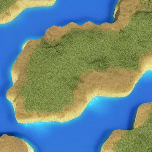 Image similar to 3d model of a fantasy map, lots of islands, tall rocks, ruins, small villages scattered around