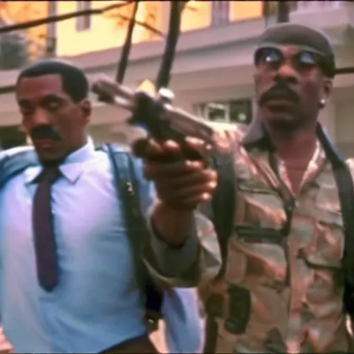 Image similar to a still of the cats gunfighting from the buddy cop movie beverly hills cat 2, with eddie murphy