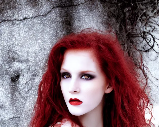 Image similar to award winning 5 5 mm close up face portrait photo of an anesthetic and beautiful redhead vampire lady who looks directly at the camera with blood - red wavy hair, intricate eyes that look like gems, and long fangs, in a park by luis royo. rule of thirds.