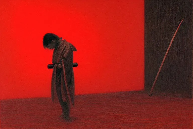 Image similar to only with red, a red samurai do seppuku, tokio, a lot of frogs watch, in the style of beksinski, parts by edward hopper, parts by rodcenko, parts by yue minjun, intricate and epic composition, red by caravaggio, insanely quality, highly detailed, masterpiece, red light, artstation, 4 k