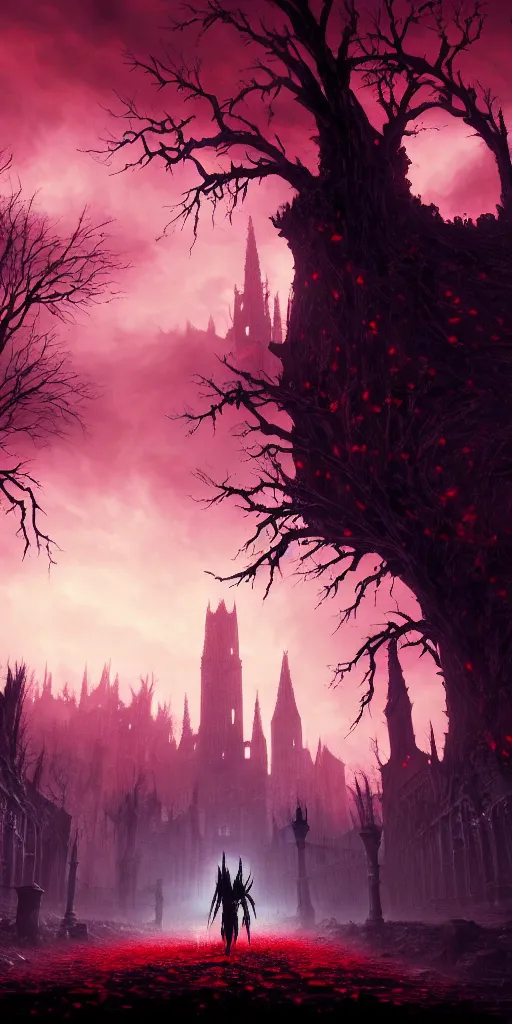 Image similar to abandoned bloodborne old valley with a obscure person at the centre and a ruined gothic city in the background, trees and stars in the background, falling red petals, epic red - orange moonlight, perfect lightning, wallpaper illustration by niko delort and kentaro miura, 4 k, ultra realistic