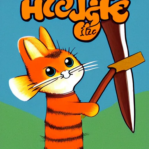 Image similar to illustration of Huckle Cat with a sword in the style of Richard Scarry