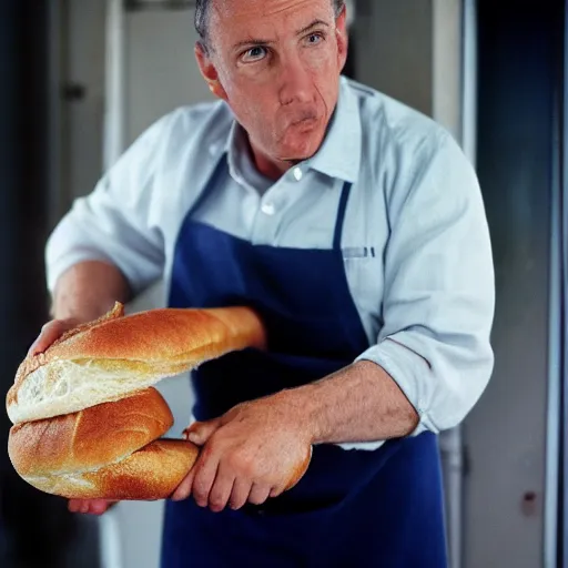 Prompt: closeup portrait baker constricted by a baguette as he tries to fight it back into the oven, by Steve McCurry and David Lazar, natural light, detailed face, CANON Eos C300, ƒ1.8, 35mm, 8K, medium-format print