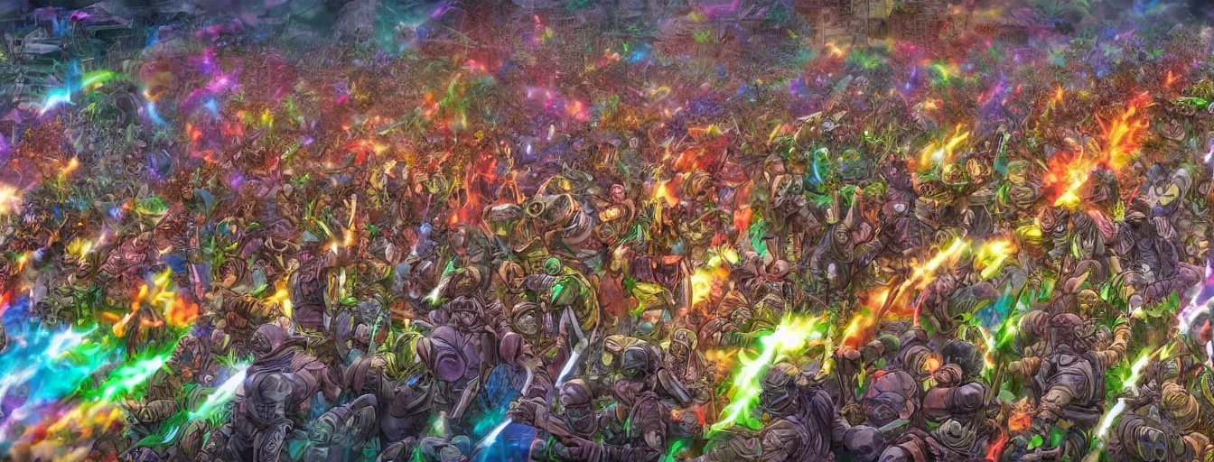 Prompt: a zoomed out panoramic view an army of ultra colorful rainbow soul army calvary screaming into the battlefield. hyperrealistic anime background illustration by kim jung gi, attack on titan, colorful, extremely detailed intricate linework, smooth, super sharp focus, bright colors, high contrast, matte, octopath traveler, unreal engine 5 highly rendered, global illumination, radiant light