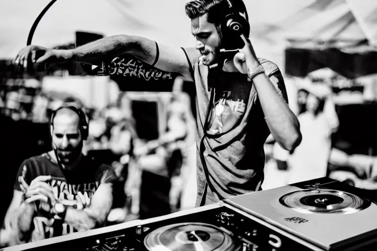 Image similar to gigachad as a dj, black and white photography, highly detailed