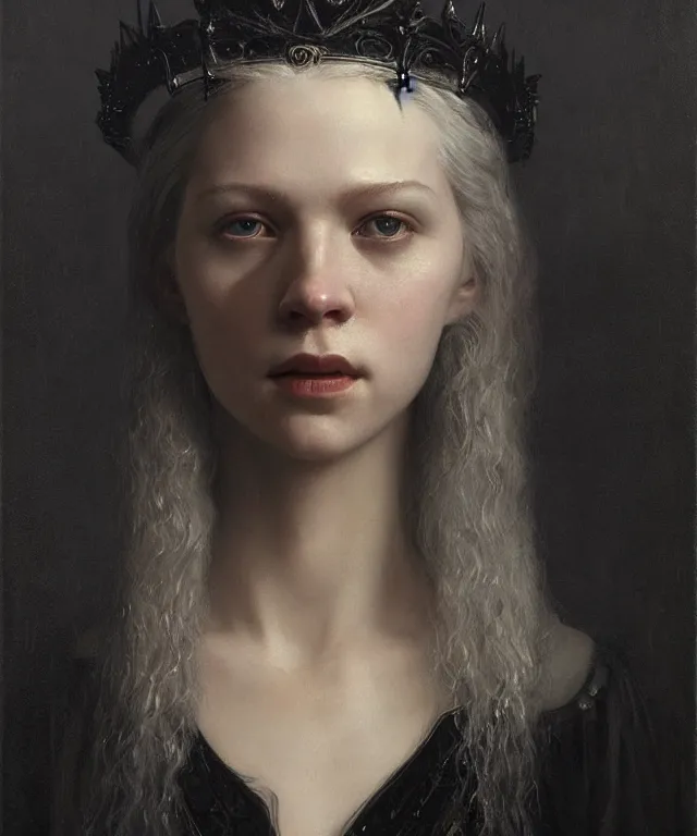 Prompt: the portrait of hunter schafer in black!!!!!! wax!!!!!! crown by roberto ferri, dark fantasy, witcher, very detailed oil painting, masterpiece, 8 k