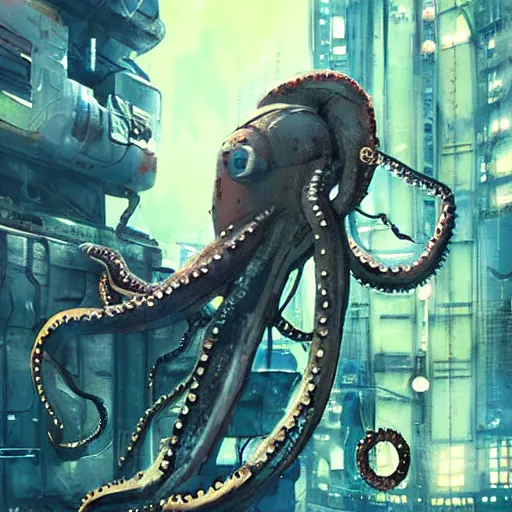 Image similar to octopus on a space station, cyberpunk, realistic, detailed, Industrial Scifi, paint, watercolor, in the style of Ashley Wood and Wadim Kashin