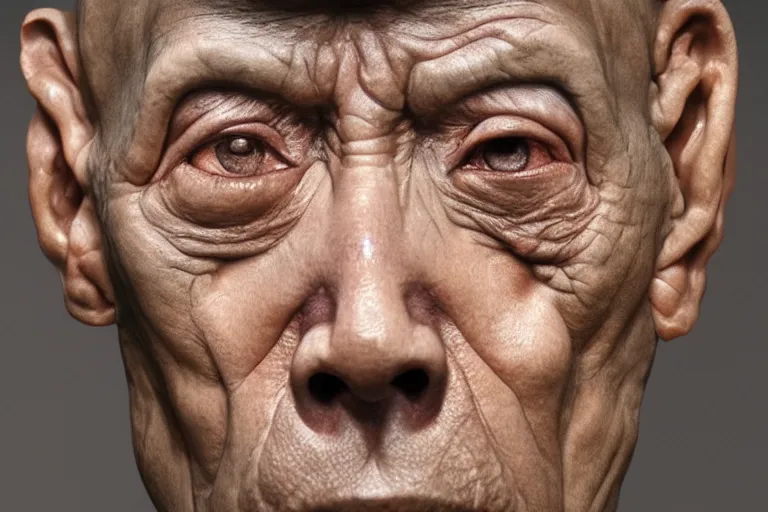 Prompt: hyperrealistic sculpture of a fossilized chinese prisoner, by ron mueck and duane hanson and lee bontecou and giacometti, hyperrealistic, dramatic, colored lighting, trending on artstation, 4 k
