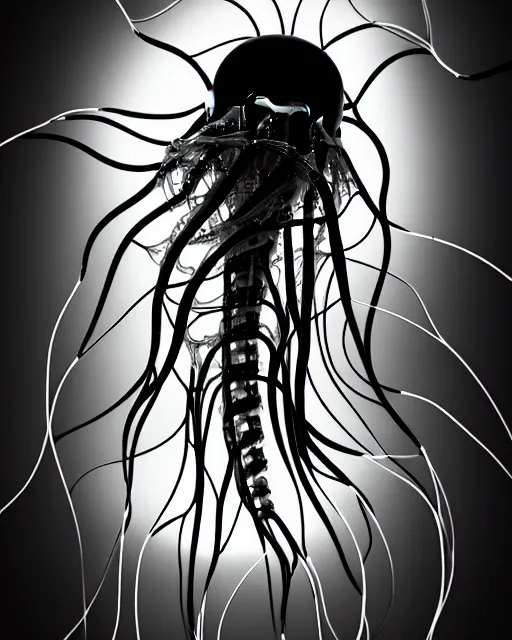 Image similar to black and white cyborg-jellyfish-plant goddess high quality photo, microchip, artificial intelligence, bio-mechanical bio-luminescence, black wired cables, neurons, nerve cells, octane render, cinematic, rim light, hyper realism, photo-realistic, high detail, 8k, masterpiece, high fashion, in the style of Steven Meisel and Dora Maar and H.G. Giger