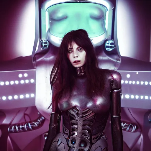 Prompt: charlotte kemp muhl as a cyborg android, giger, futuristic, cyberpunk, neon, vivid color, high resolution, 8 k detail