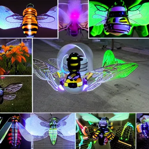 Image similar to robotic bees, cybernetic, led wings