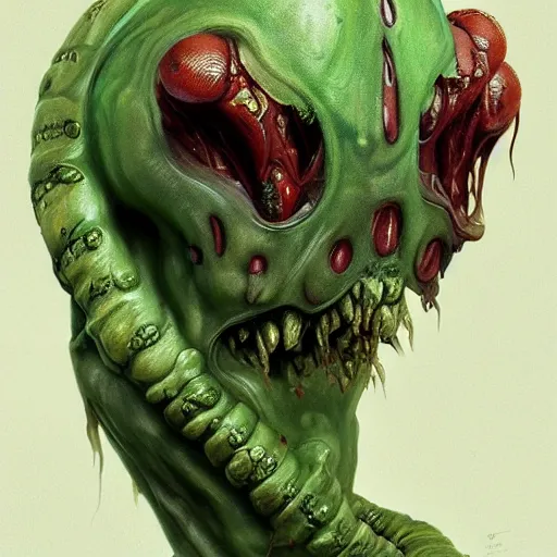 Image similar to portrait of a bloodied ornate filigreed slime dripping genderless insect alien monster, muscles, rippling, space warping and twisting, ultra realistic, concept art, intricate details, eerie, highly detailed, photorealistic, octane render, 8 k, unreal engine. art by artgerm and greg rutkowski and alphonse mucha