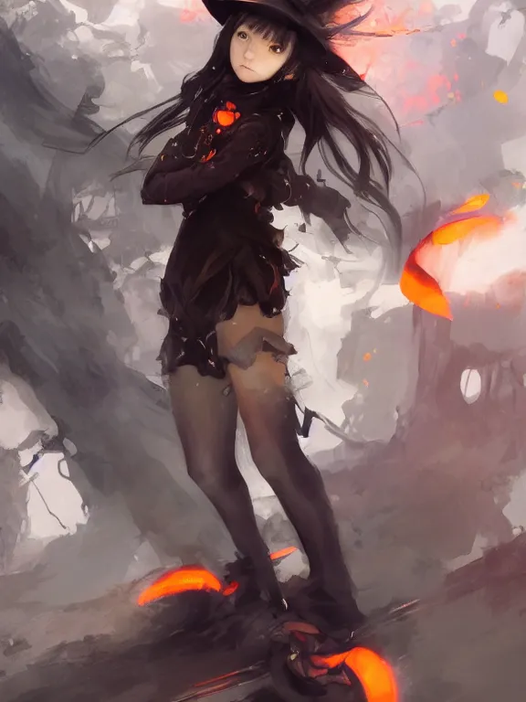 Image similar to Full shot of a cute mischievous young witch about to get up to some trouble. Black and Orange palette. By Ruan Jia and Artgerm and Range Murata and WLOP and CLAMP. Key Art. Fantasy Illustration. award winning, Artstation, intricate details, realistic, Hyperdetailed, 8k resolution.