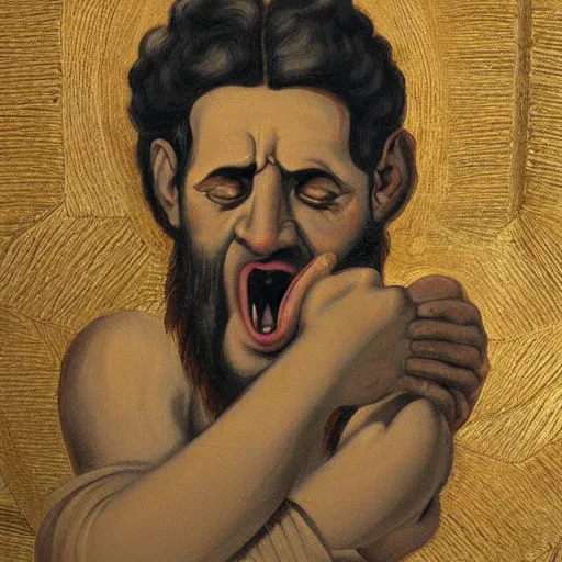 Image similar to portrait of ancient greek man yawning with big eyes and sharp nose. fine detail. artistic painting by lurid