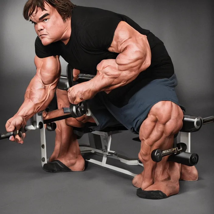 Prompt: portrait of Jack Black benching press with Arnold Schwarzenegger body, by Charlotte Grimm, natural light, detailed face, CANON Eos C300, ƒ1.8, 35mm, 8K, medium-format print