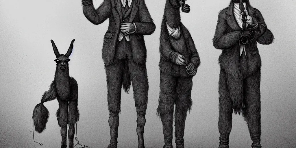 Image similar to a personified anthro llama ( with llama face ) wearing a 1 9 4 0's noire detective outfit, standing in the streets of chicago at night looking at a crime scene, d & d, fantasy, intricate, artstation, sharp focus, illustration, gustave dore, caravaggio,