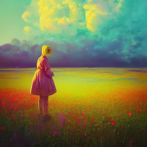 Image similar to girl with a flower face, surreal photography, bizzare, dreamlike, standing in flower field, in a valley, sunrise dramatic light, impressionistic painting, colorful clouds, artstation, simon stalenhag