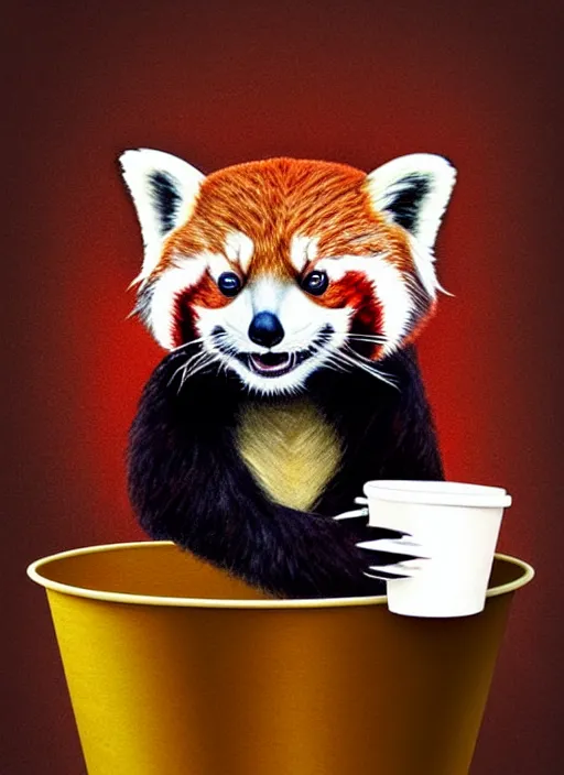 Prompt: red panda, paper cup, fantasy, surreal, highly detailed, digital painting, artstation, concept art, illustration, art by patrick james woodroffe!!!