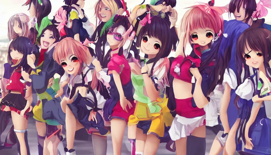 Image similar to group of cute anime characters jumping, colorful outfits, realistic face, detailed face, detailed eyes, short miniskirts, lightly dressed, ultra detailed digital art, hyper real, detailed, group photo, ultra detailed, ground up angle