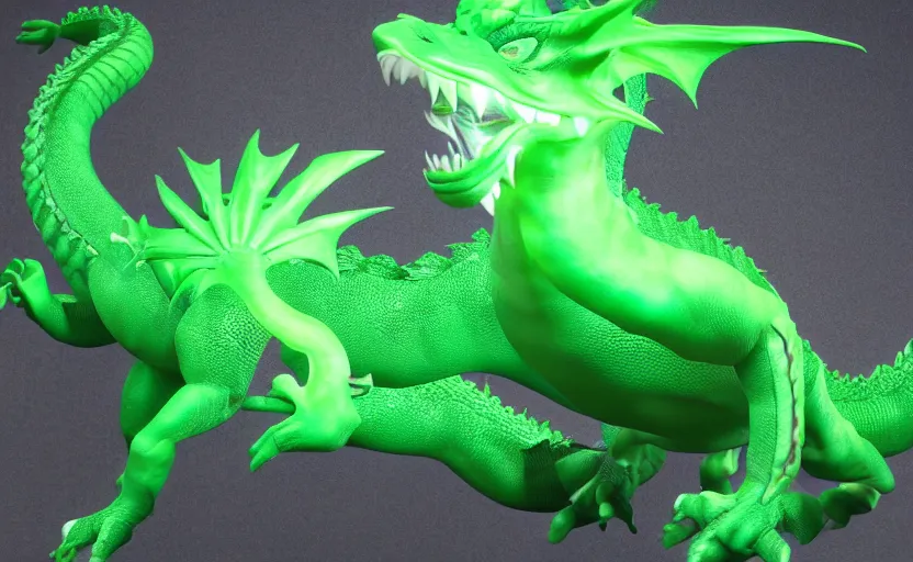 Image similar to green dragon, smiling, studio shot, volumetric lighting, 8 k, real life picture, realistic, hyperdetailed, no blur, shadows