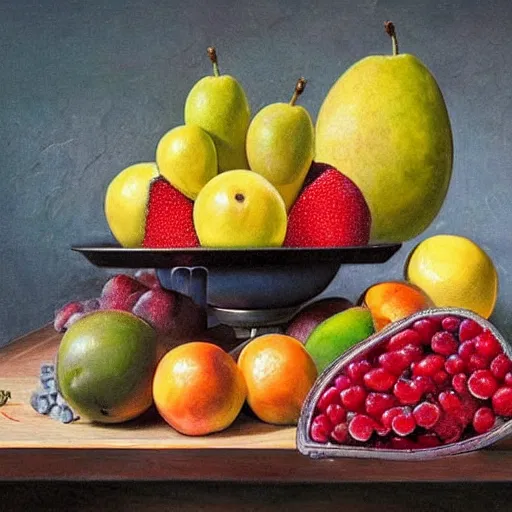 Image similar to melancholic, defined by marek okon. a still life of fruit on a table. the fruit is arranged in a pyramid shape, with the largest pieces of fruit at the bottom & the smallest pieces of fruit at the top. the colors are bright & the illustration has a lot of texture.